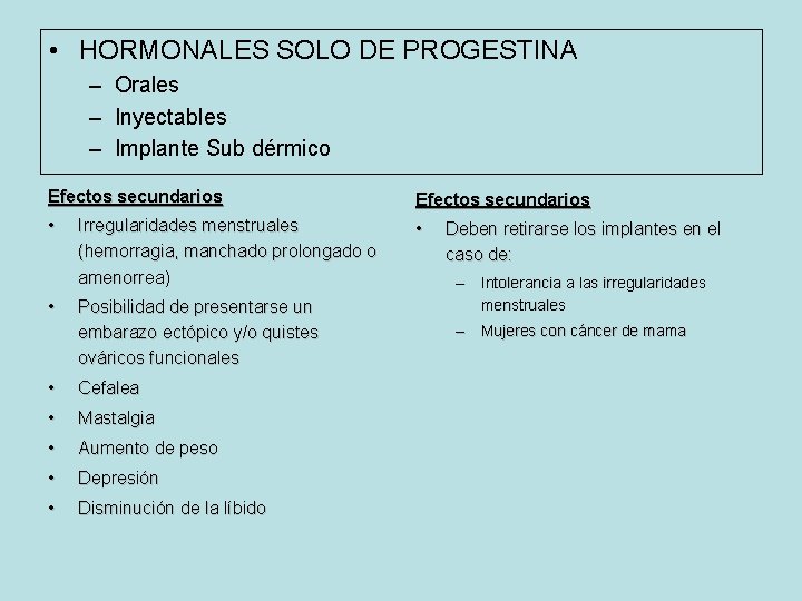  • HORMONALES SOLO DE PROGESTINA – Orales – Inyectables – Implante Sub dérmico