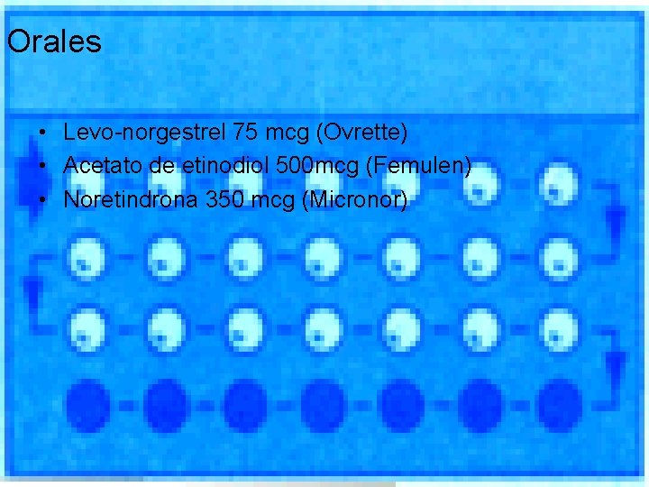 Orales • Levo-norgestrel 75 mcg (Ovrette) • Acetato de etinodiol 500 mcg (Femulen) •