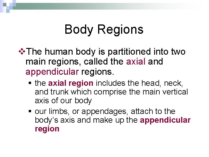Body Regions v. The human body is partitioned into two main regions, called the
