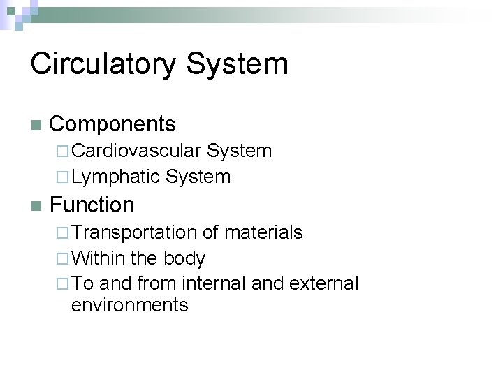 Circulatory System n Components ¨ Cardiovascular System ¨ Lymphatic System n Function ¨ Transportation