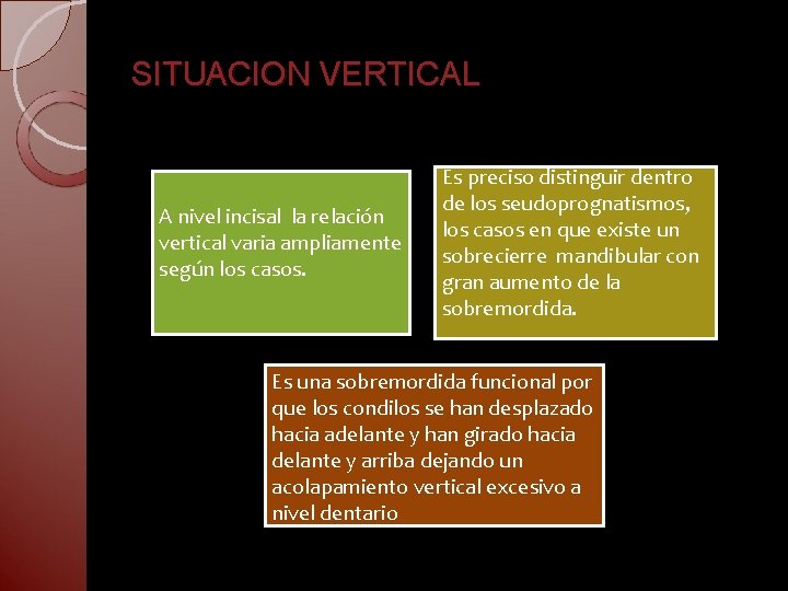 SITUACION VERTICAL A nivel incisal la relación vertical varia ampliamente según los casos. Es