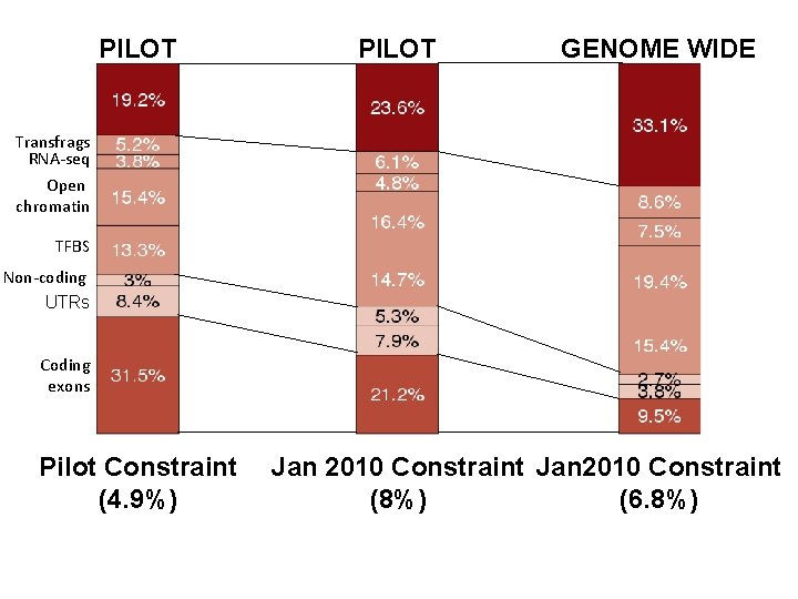 PILOT GENOME WIDE Transfrags RNA-seq Open chromatin TFBS Non-coding UTRs Coding exons Pilot Constraint PILOT GENOME WIDE Transfrags RNA-seq Open chromatin TFBS Non-coding UTRs Coding exons Pilot Constraint