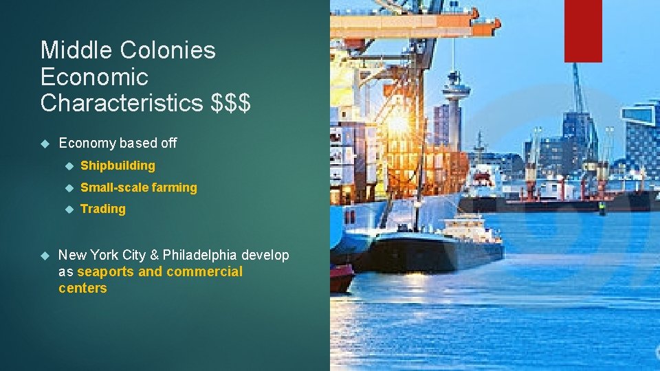 Middle Colonies Economic Characteristics $$$ Economy based off Shipbuilding Small-scale farming Trading New York