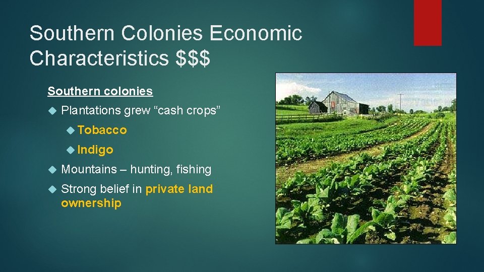 Southern Colonies Economic Characteristics $$$ Southern colonies Plantations grew “cash crops” Tobacco Indigo Mountains