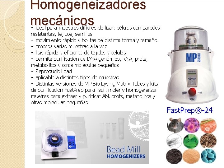 Homogeneizadores mecánicos • ideal para muestras difíciles de lisar: células con paredes resistentes, tejidos,