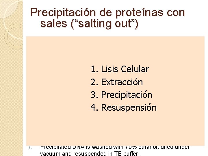 Precipitación de proteínas con sales (“salting out”) 1. Cell Lysis Buffer - lyse cell