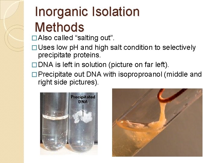 Inorganic Isolation Methods � Also called “salting out”. � Uses low p. H and