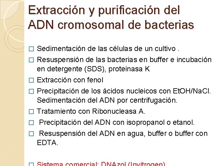 Extracción y purificación del ADN cromosomal de bacterias � � � Sedimentación de las