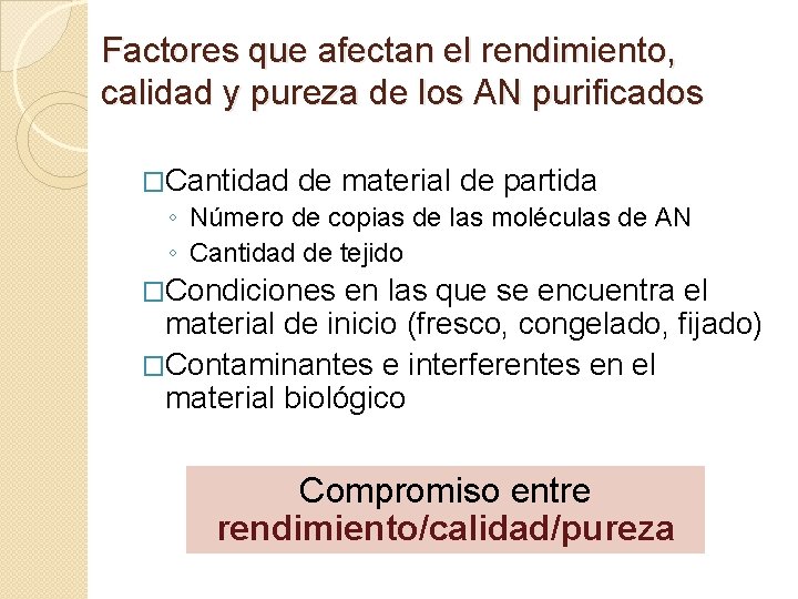 Factores que afectan el rendimiento, calidad y pureza de los AN purificados �Cantidad de