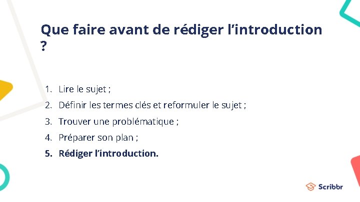 Que faire avant de rédiger l’introduction ? 1. Lire le sujet ; 2. Définir