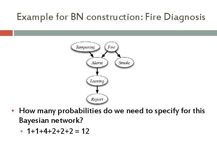 Example for BN construction: Fire Diagnosis • How many probabilities do we need to