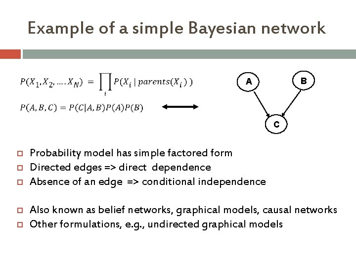 Example of a simple Bayesian network B A C Probability model has simple factored