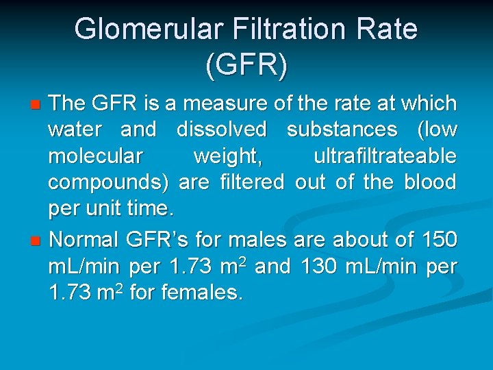 Glomerular Filtration Rate (GFR) The GFR is a measure of the rate at which Glomerular Filtration Rate (GFR) The GFR is a measure of the rate at which