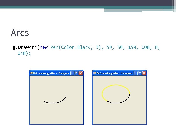 Arcs g. Draw. Arc(new Pen(Color. Black, 3), 50, 150, 100, 0, 140); 