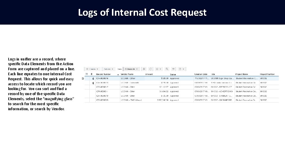 Logs of Internal Cost Request Logs in unifier are a record, where specific Data