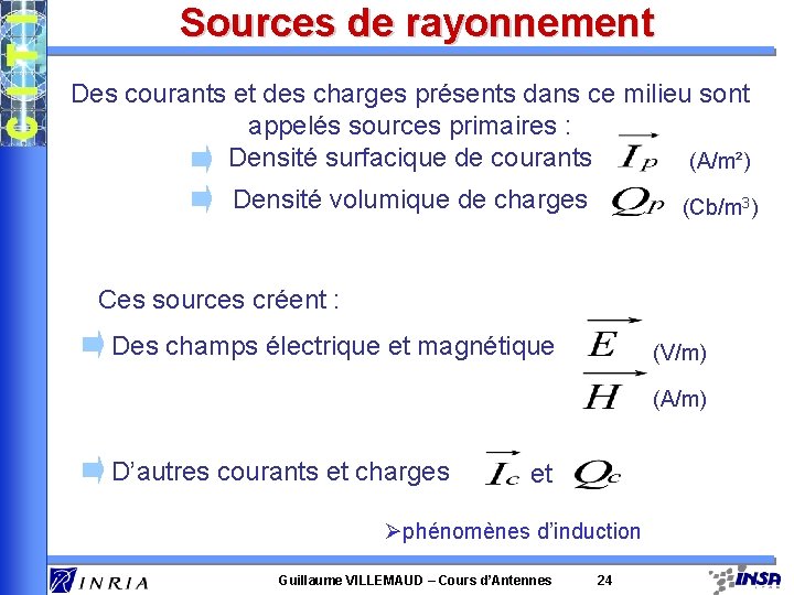 Sources de rayonnement Des courants et des charges présents dans ce milieu sont appelés