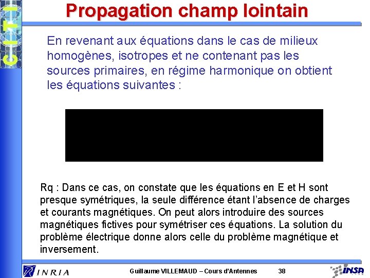 Propagation champ lointain En revenant aux équations dans le cas de milieux homogènes, isotropes Propagation champ lointain En revenant aux équations dans le cas de milieux homogènes, isotropes