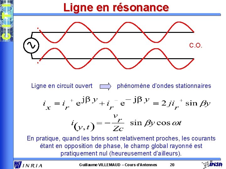 Ligne en résonance C. O. Ligne en circuit ouvert phénomène d’ondes stationnaires En pratique, Ligne en résonance C. O. Ligne en circuit ouvert phénomène d’ondes stationnaires En pratique,