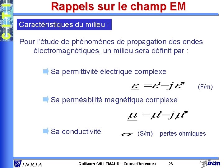 Rappels sur le champ EM Caractéristiques du milieu : Pour l’étude de phénomènes de