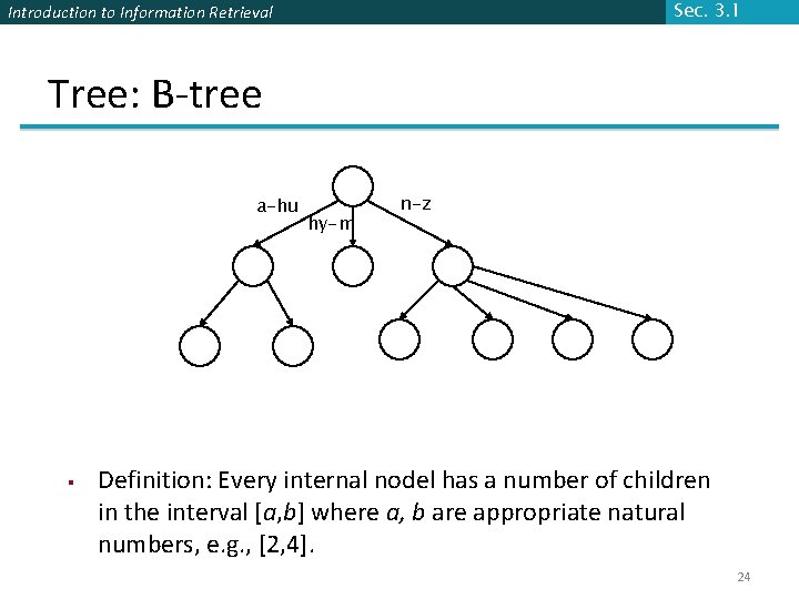 Introduction to Information Retrieval Sec. 3. 1 Tree: B-tree a-hu § hy-m n-z Definition: