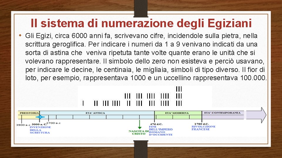 Il sistema di numerazione degli Egiziani • Gli Egizi, circa 6000 anni fa, scrivevano