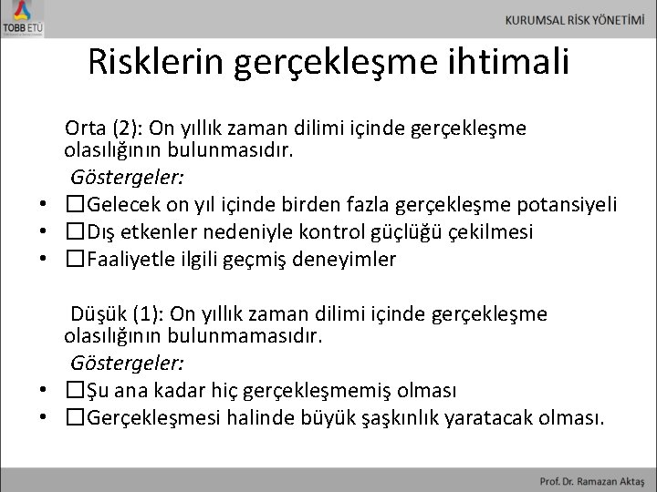 Risklerin gerçekleşme ihtimali Orta (2): On yıllık zaman dilimi içinde gerçekleşme olasılığının bulunmasıdır. Göstergeler: