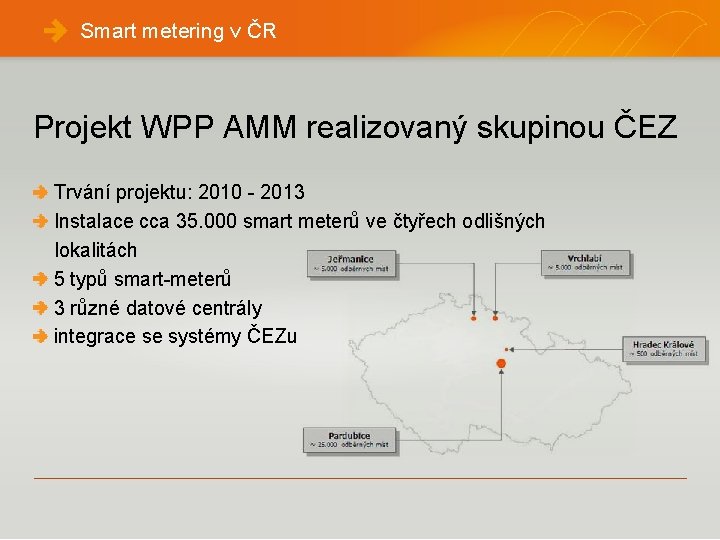 Smart metering v ČR Projekt WPP AMM realizovaný skupinou ČEZ Trvání projektu: 2010 -