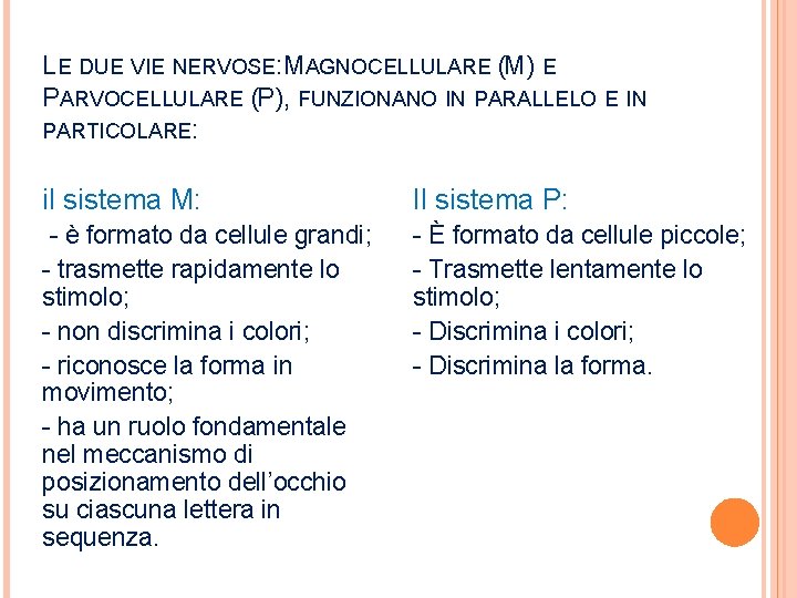 LE DUE VIE NERVOSE: MAGNOCELLULARE (M) E PARVOCELLULARE (P), FUNZIONANO IN PARALLELO E IN