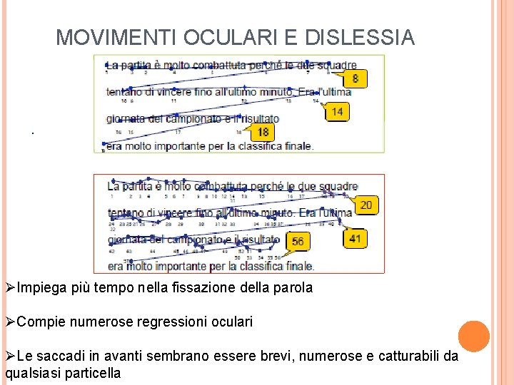 MOVIMENTI OCULARI E DISLESSIA . ØImpiega più tempo nella fissazione della parola ØCompie numerose