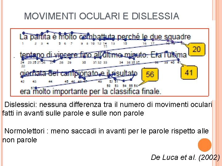 MOVIMENTI OCULARI E DISLESSIA . Dislessici: nessuna differenza tra il numero di movimenti oculari