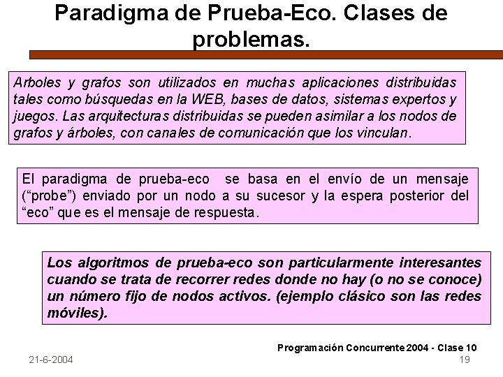 Paradigma de Prueba-Eco. Clases de problemas. Arboles y grafos son utilizados en muchas aplicaciones