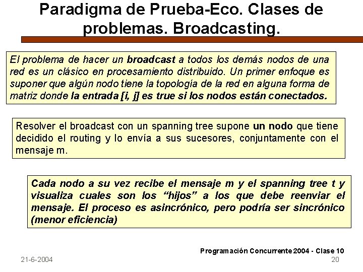 Paradigma de Prueba-Eco. Clases de problemas. Broadcasting. El problema de hacer un broadcast a