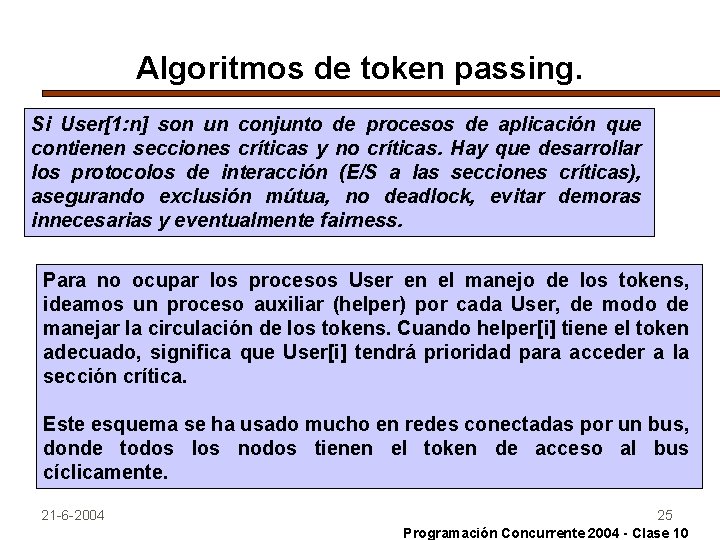 Algoritmos de token passing. Si User[1: n] son un conjunto de procesos de aplicación