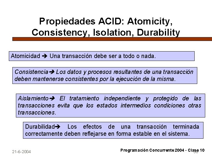 Propiedades ACID: Atomicity, Consistency, Isolation, Durability Atomicidad Una transacción debe ser a todo o