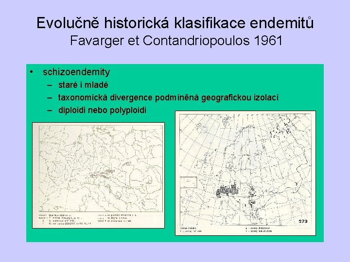 Evolučně historická klasifikace endemitů Favarger et Contandriopoulos 1961 • schizoendemity – staré i mladé