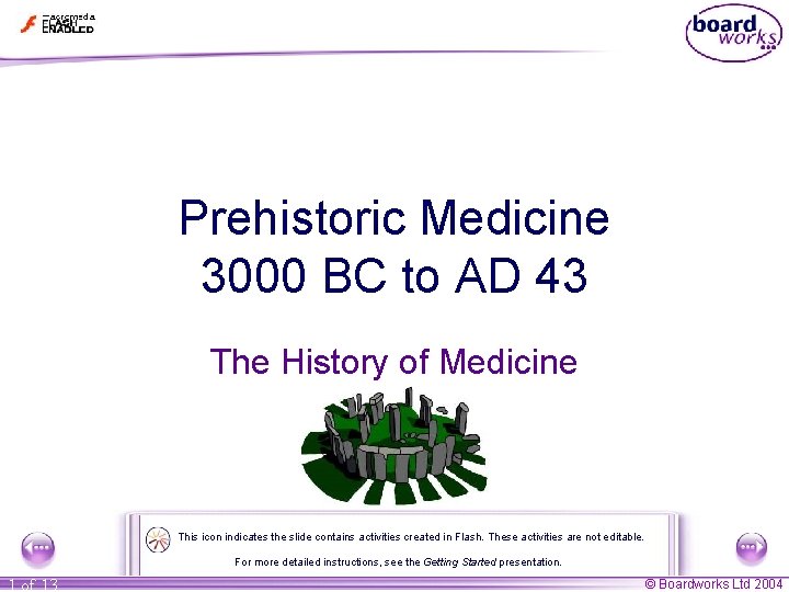 Prehistoric Medicine 3000 BC to AD 43 The History of Medicine This icon indicates