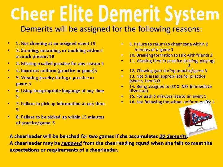 Demerits will be assigned for the following reasons: • • 1. Not cheering at