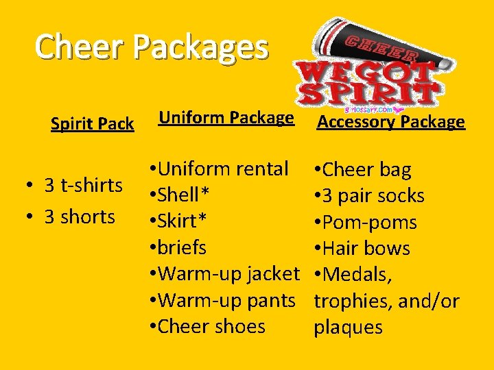 Cheer Packages Spirit Pack • 3 t-shirts • 3 shorts Uniform Package Accessory Package