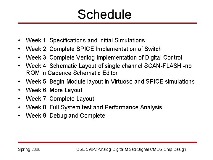 Schedule • • • Week 1: Specifications and Initial Simulations Week 2: Complete SPICE