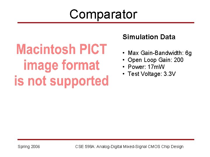 Comparator Simulation Data • • Spring 2006 Max Gain-Bandwidth: 6 g Open Loop Gain: