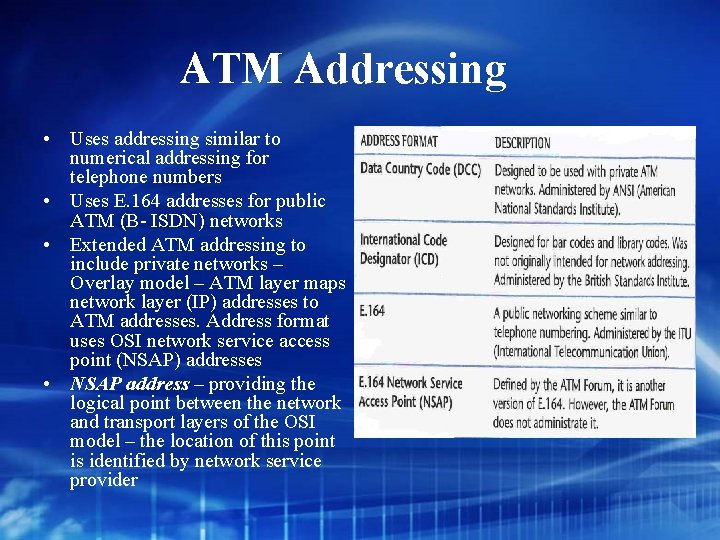 ATM Addressing • Uses addressing similar to numerical addressing for telephone numbers • Uses