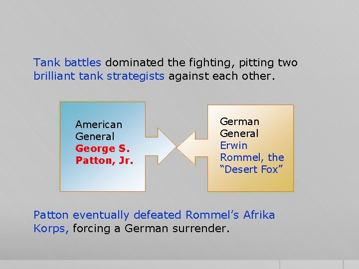 Tank battles dominated the fighting, pitting two brilliant tank strategists against each other. American