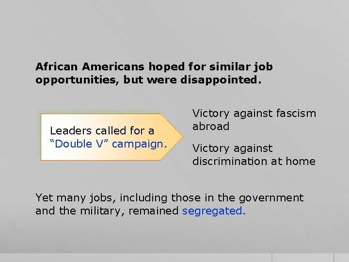 African Americans hoped for similar job opportunities, but were disappointed. Leaders called for a