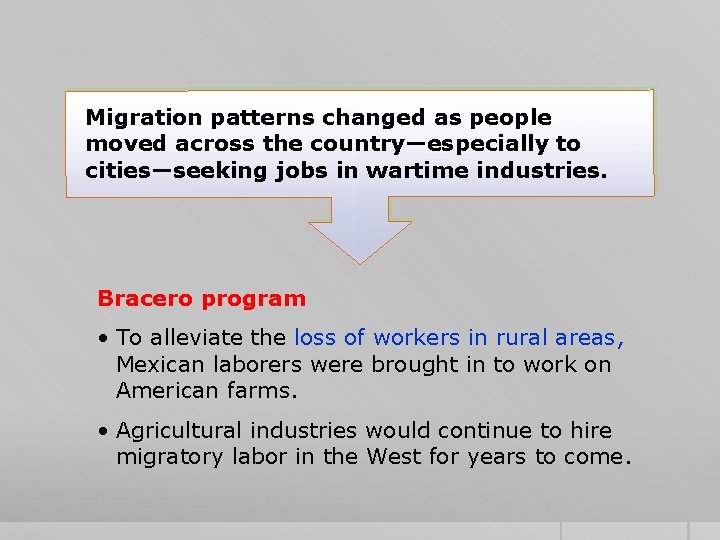 Migration patterns changed as people moved across the country—especially to cities—seeking jobs in wartime