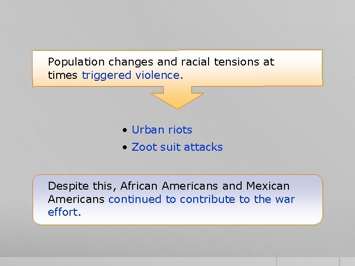 Population changes and racial tensions at times triggered violence. • Urban riots • Zoot