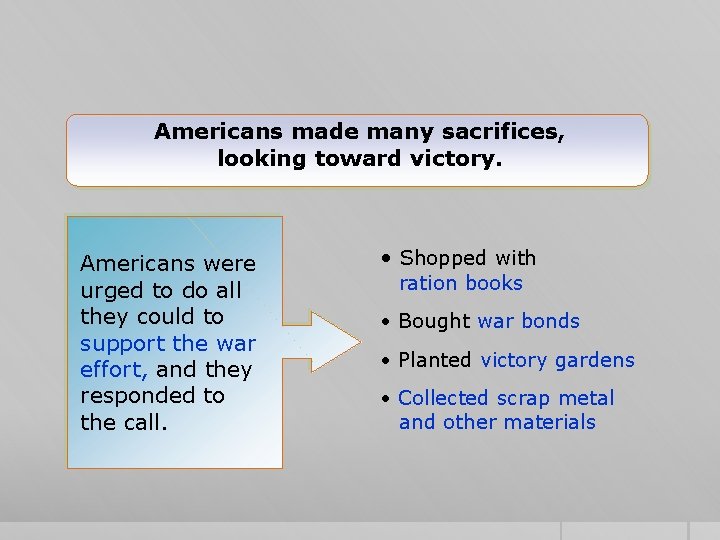 Americans made many sacrifices, looking toward victory. Americans were urged to do all they