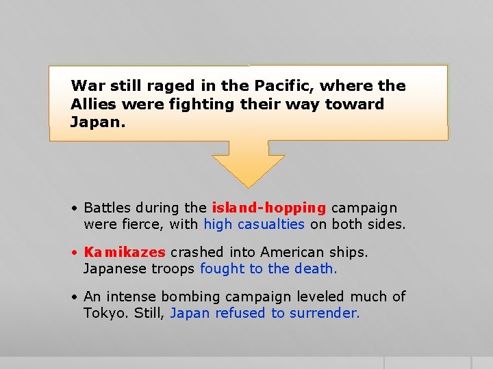 War still raged in the Pacific, where the Allies were fighting their way toward