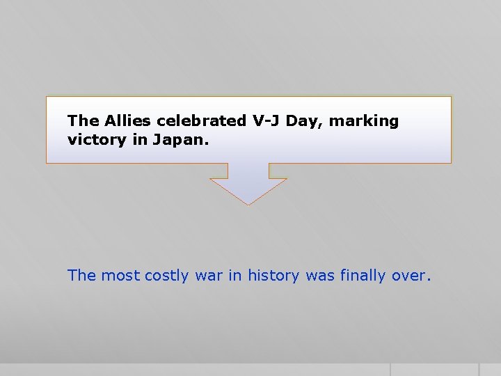 The Allies celebrated V-J Day, marking victory in Japan. The most costly war in