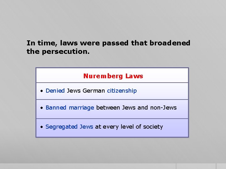 In time, laws were passed that broadened the persecution. Nuremberg Laws • Denied Jews