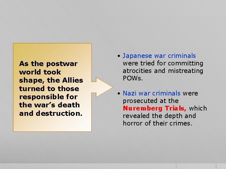 As the postwar world took shape, the Allies turned to those responsible for the